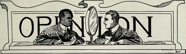 Line drawing of a black and white man looking at each other laid over the word "Opinion"