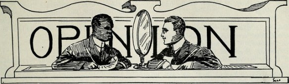 Line drawing of a black and white man looking at each other laid over the word 