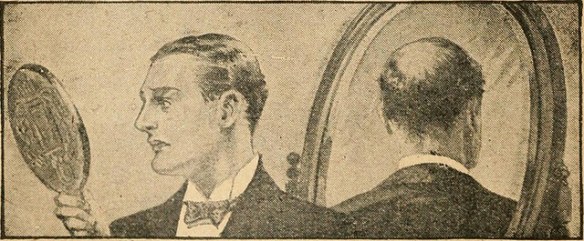 A man looking at his bald spot in the mirror.