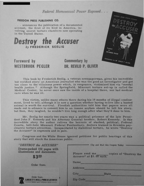 Advertisement for a book entitled "Destroy the Accuser" with a foreword by Westbrook Pegler and commentary by Revilo P. Oliver
