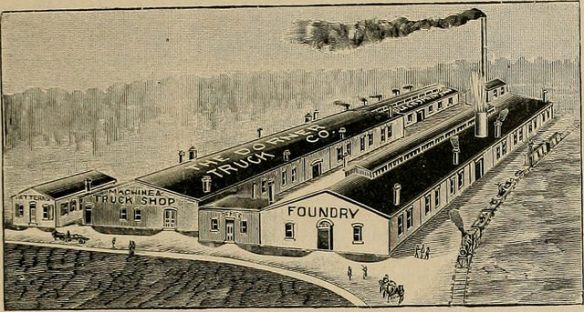 Black-and-white drawing of a factory