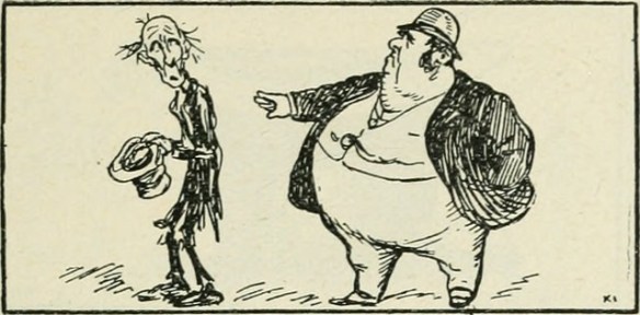 A fat rich man pointing an accusing figure at a starving poor man.