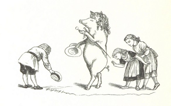 People bowing down to a pig walking on two legs with a walking stick and fancy hat.