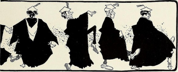 A cartoon of four professors in cap and gown doing silly walks
