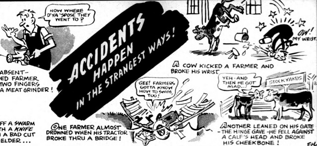 A cartoon entitled "Accidents Happen in the Strangest Ways!" showing pictures of farmers accidently being kicked by a cow and other mishaps.