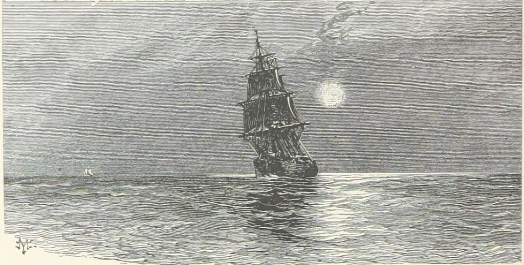 A drawing of a tall sailing ship, sailing into the sunset.